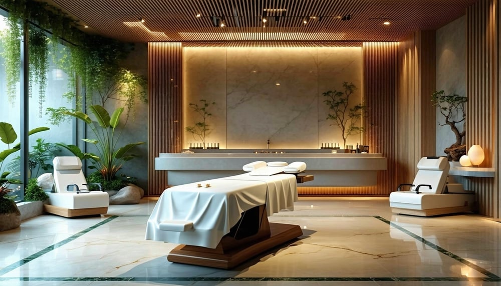 A serene and luxurious spa setting with aesthetic treatment equipment. A serene and luxurious spa setting with aesthetic treatment equipment.